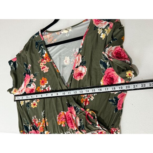 Derek Heart Floral Faux Wrap Dress Green Pink Short Sleeve 2X - Picture 10 of 11